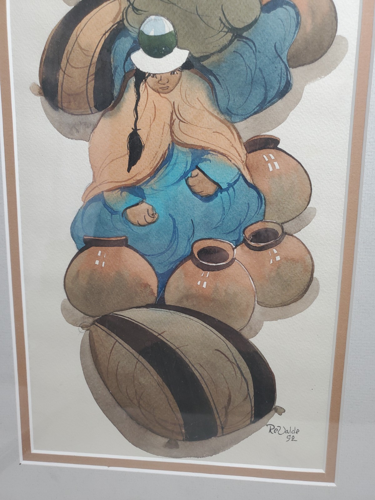 Re Valde – Framed Contemporary Watercolour, Peruvian Figures, Beautiful Colors