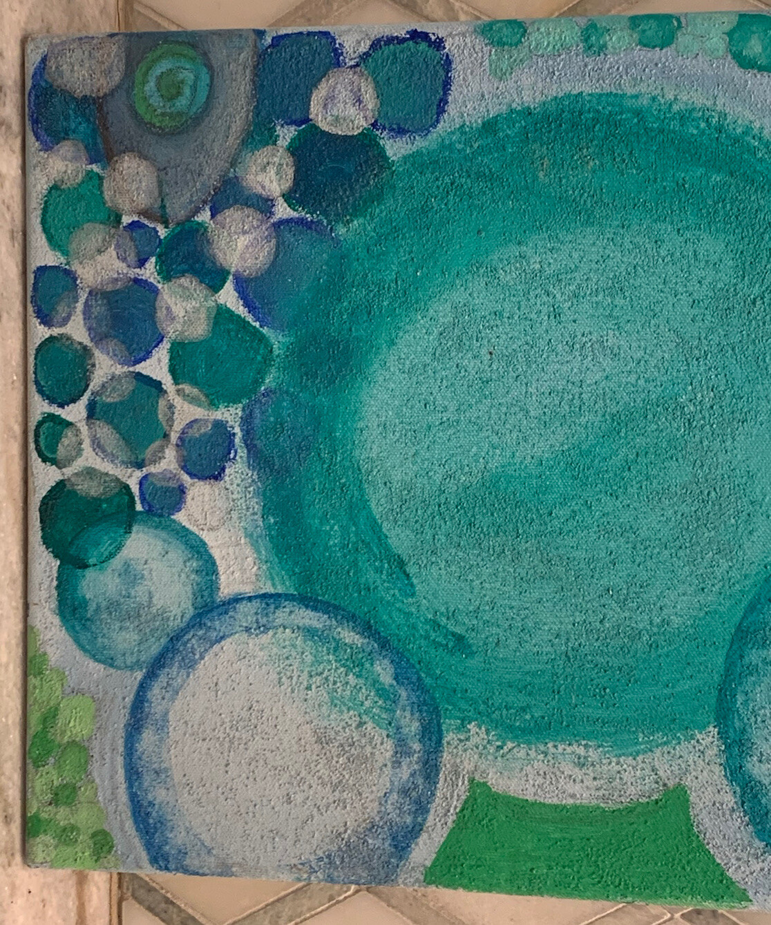 Original Modern Spheres Baubles Bubbles Shades Blue Green Oil Canvas 12”x24”