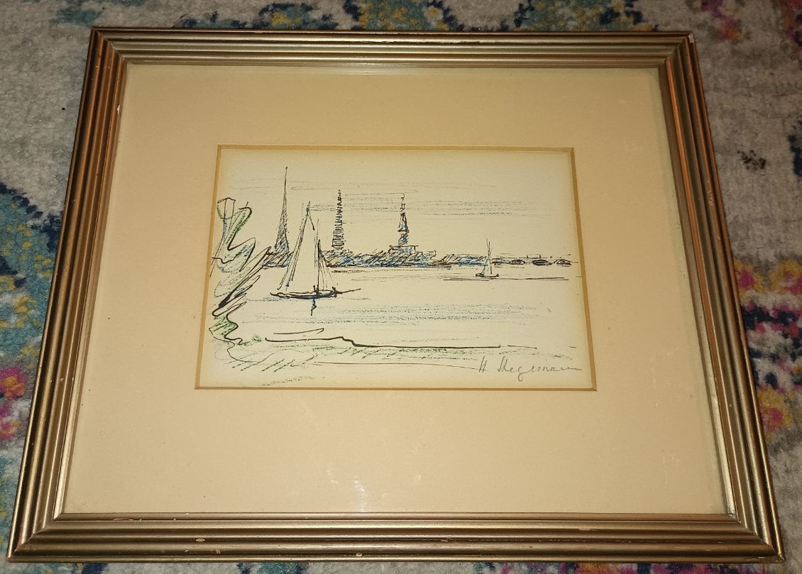 Heinrich Stegemann (1888-1945) Sailboat Seascape Ink & Colored Pencil on Paper