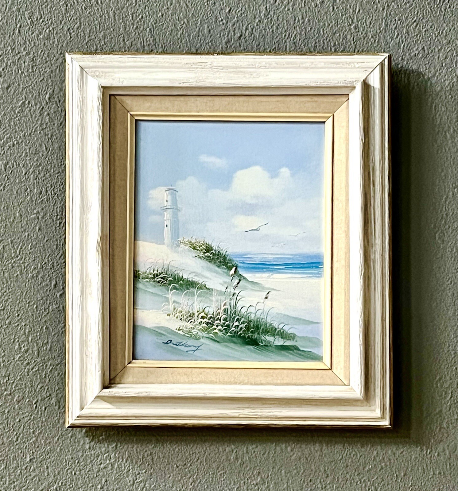 Vintge Shades of Blue ORIGINAL Coastal Lighthouse Seascape SIGNED Anthony FRAMED