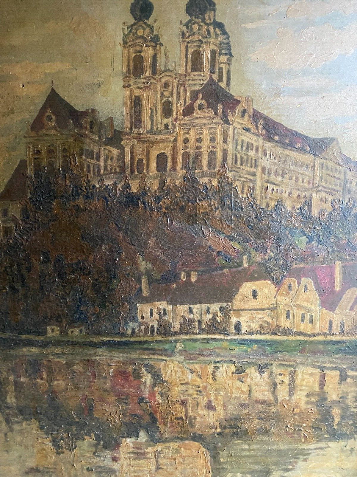 Oil Painting Um 1920 Pencil Milking at The Danube Church Expressionist Antique