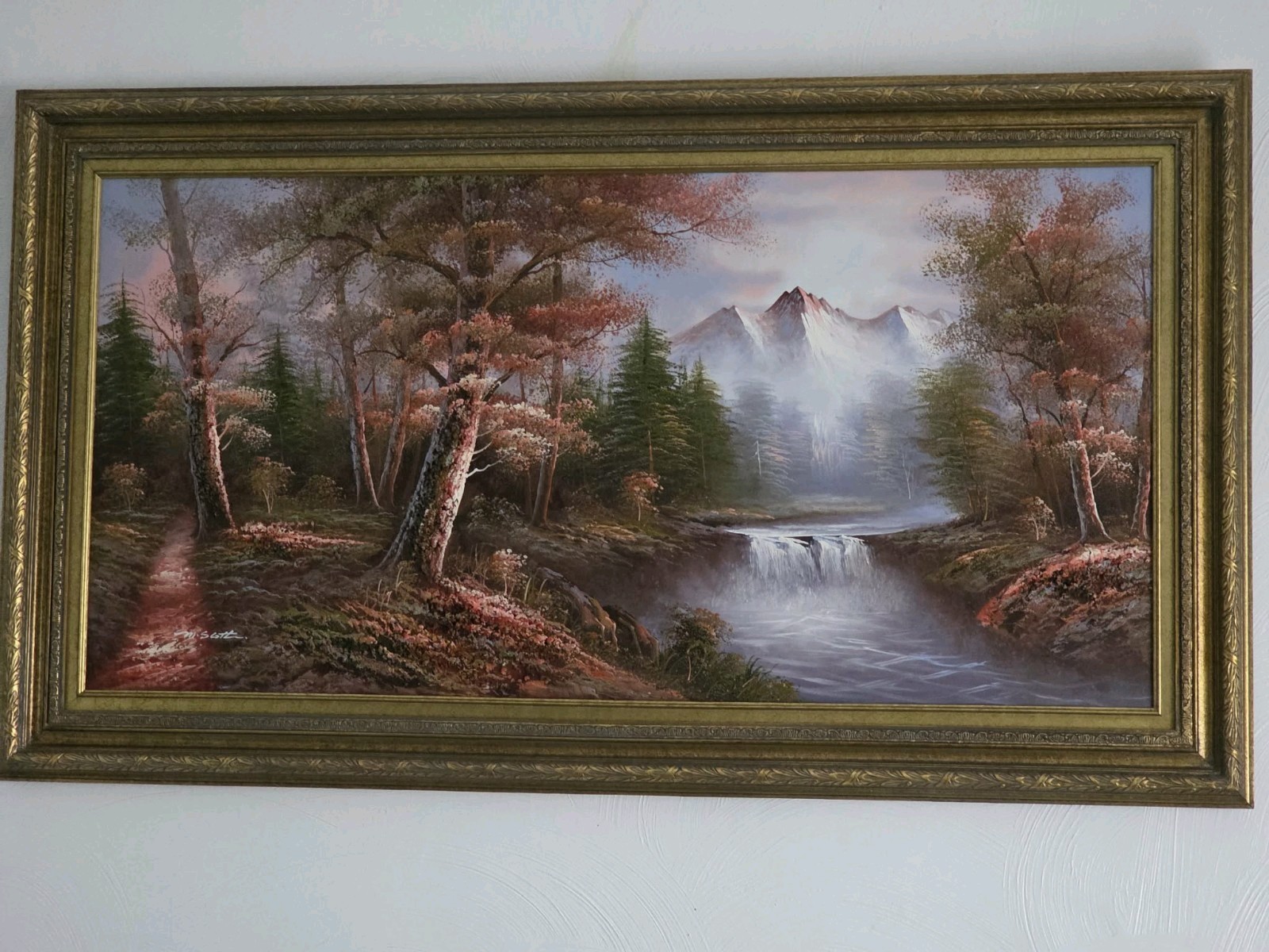 M . SCOTT . Vintage Painting On Canvas 3D“ SNOW IN MOUNTAIN 49×25 layered oil“