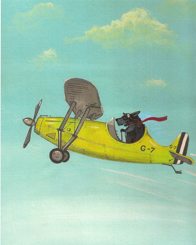 8×10 PRINT OF PAINTING SCOTTISH TERRIER SCOTTY AIRPLANE folk art dog pilot