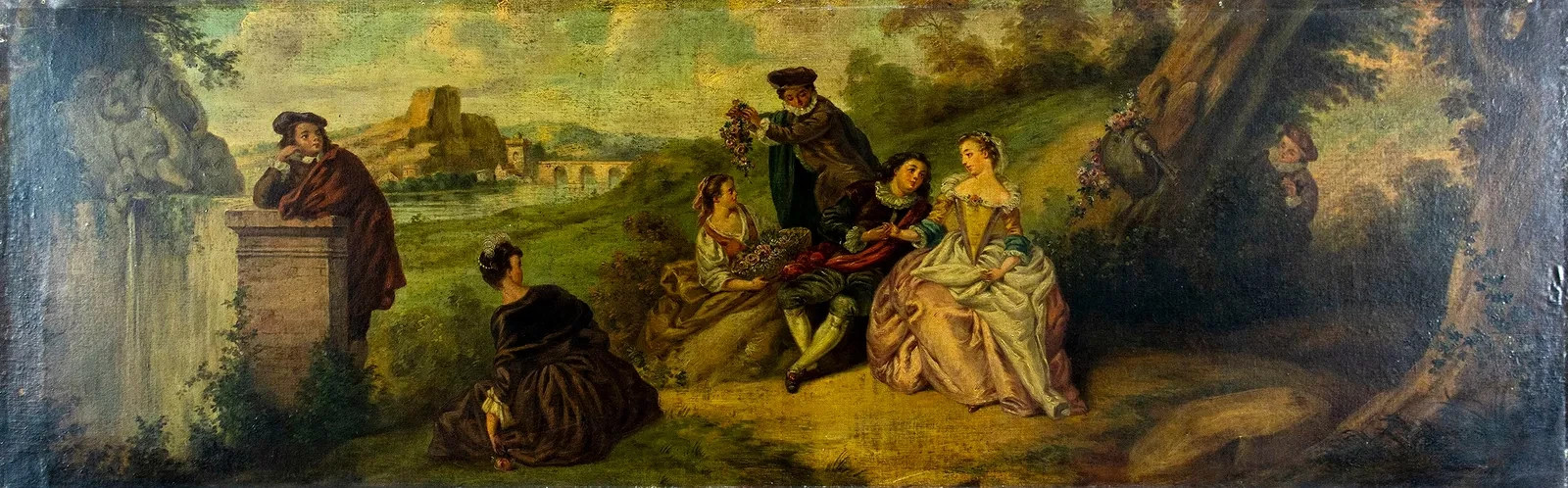 Antique Oil Painting, Large, Eur. Rococo Rev’l, Garden Scene, 64” Fragonard Styl