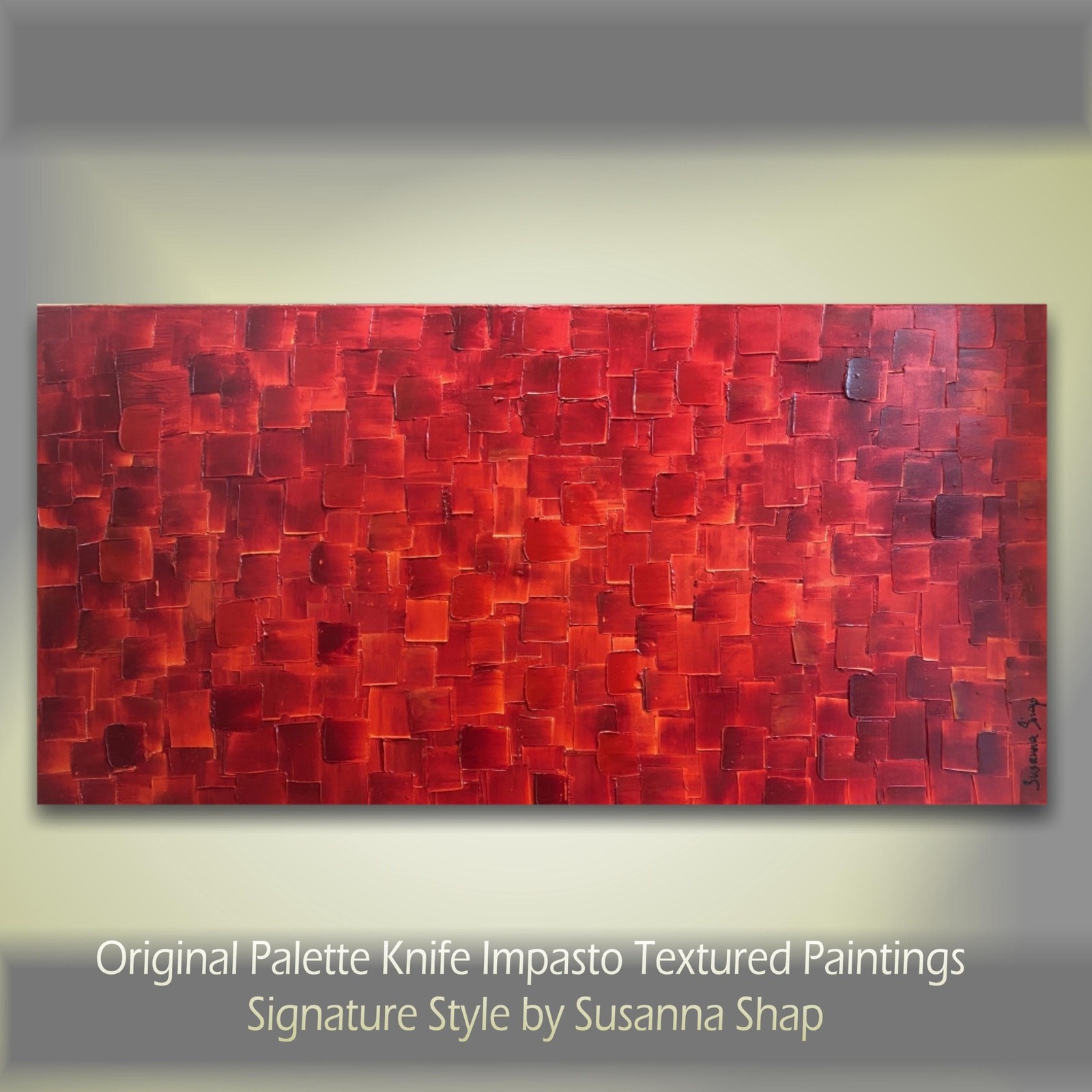 ORIGINAL Large Red Abstract painting, Squares, Geometric Textured Fine Art 48×24