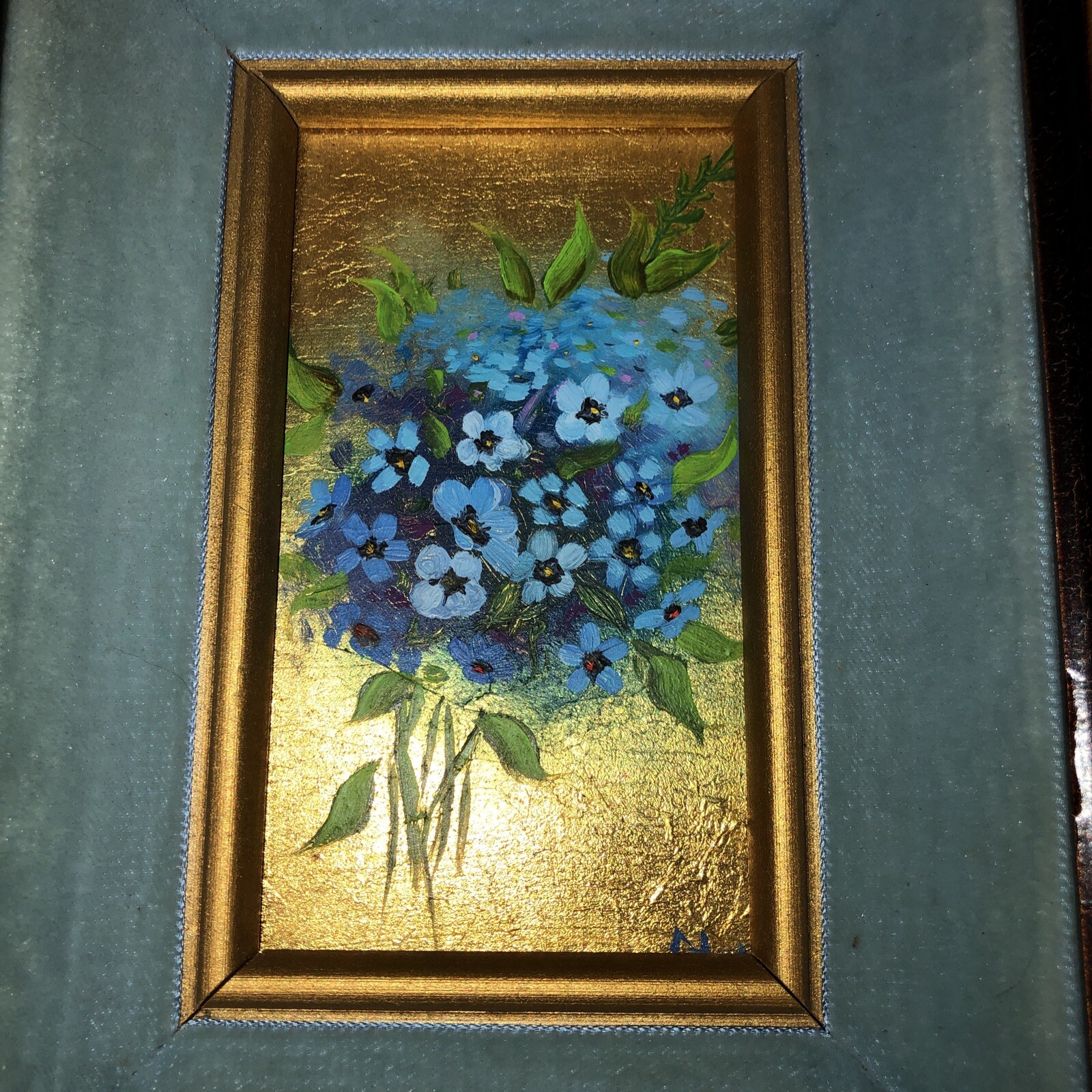 Vtg oil painting On Pure gold leaf floral folk art Stel Velvet Trim Frame