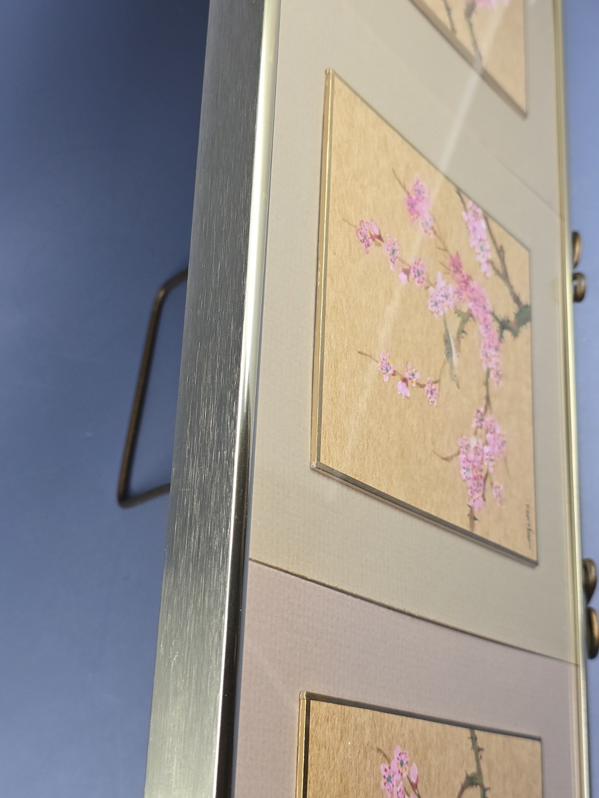 Vtg 3 Original Panel Cherry Blossoms & Birds Watercolor Paintings Framed