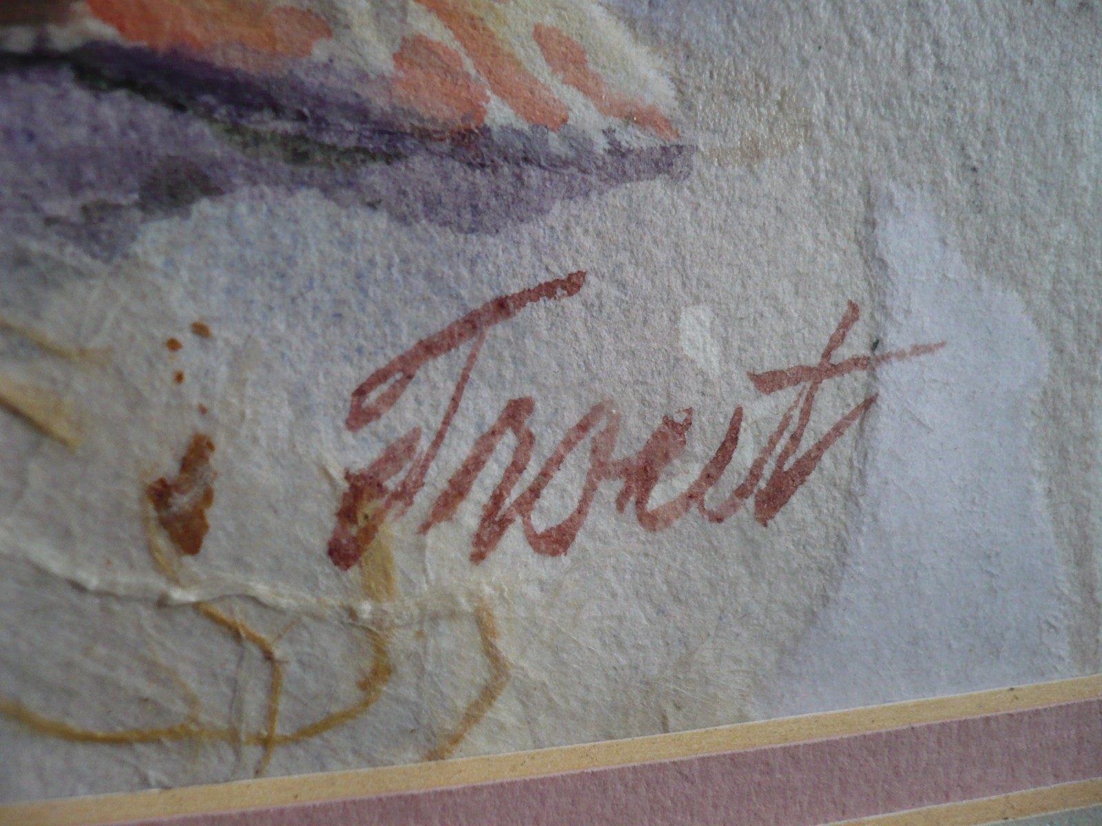 SIGNED TROUT, VINTAGE IMPRESSIONIST WATERCOLOR SHELL AND BUCKET TROPICAL BEACH