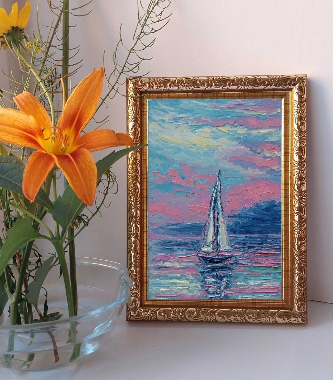 Framed Sailboat Art Mini Calm Seascape Pink Sunrise 4×6” Original Oil Painting