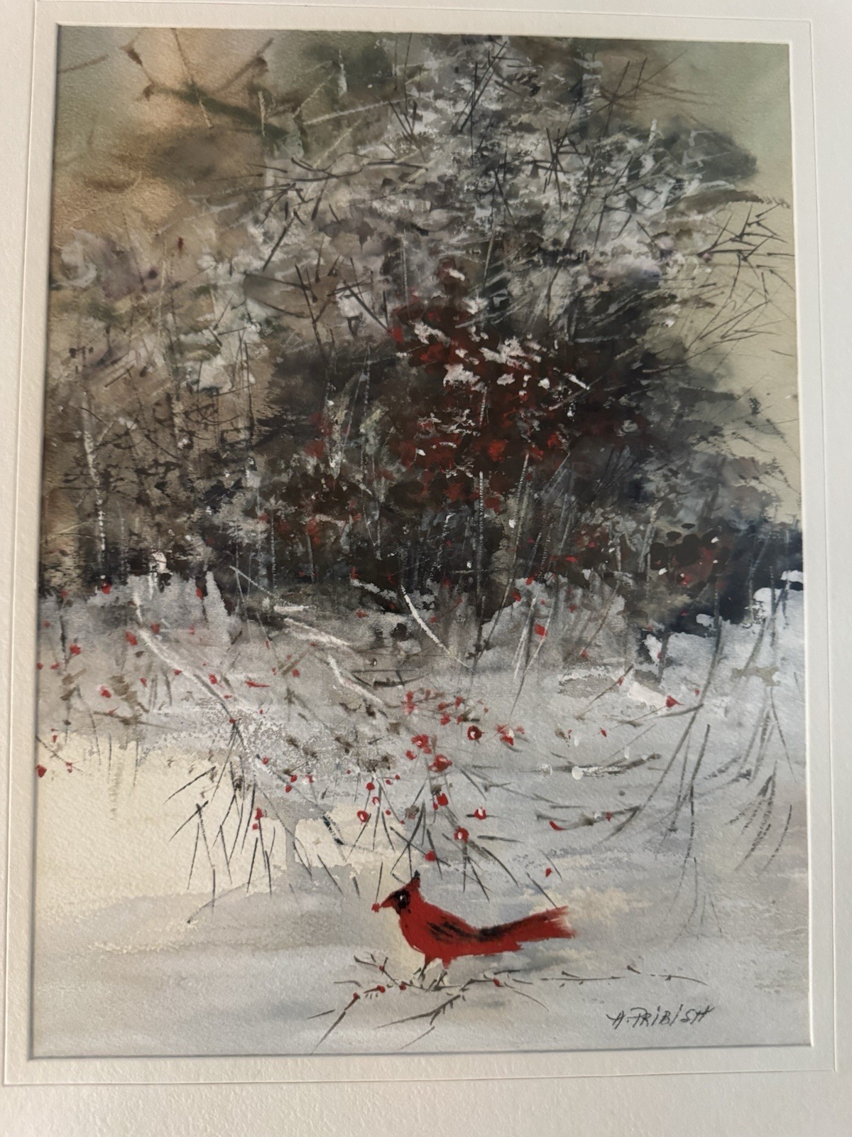 Cardinal Bird Winter Scene Original Watercolor Painting Sign Ann Pribish 19×15”