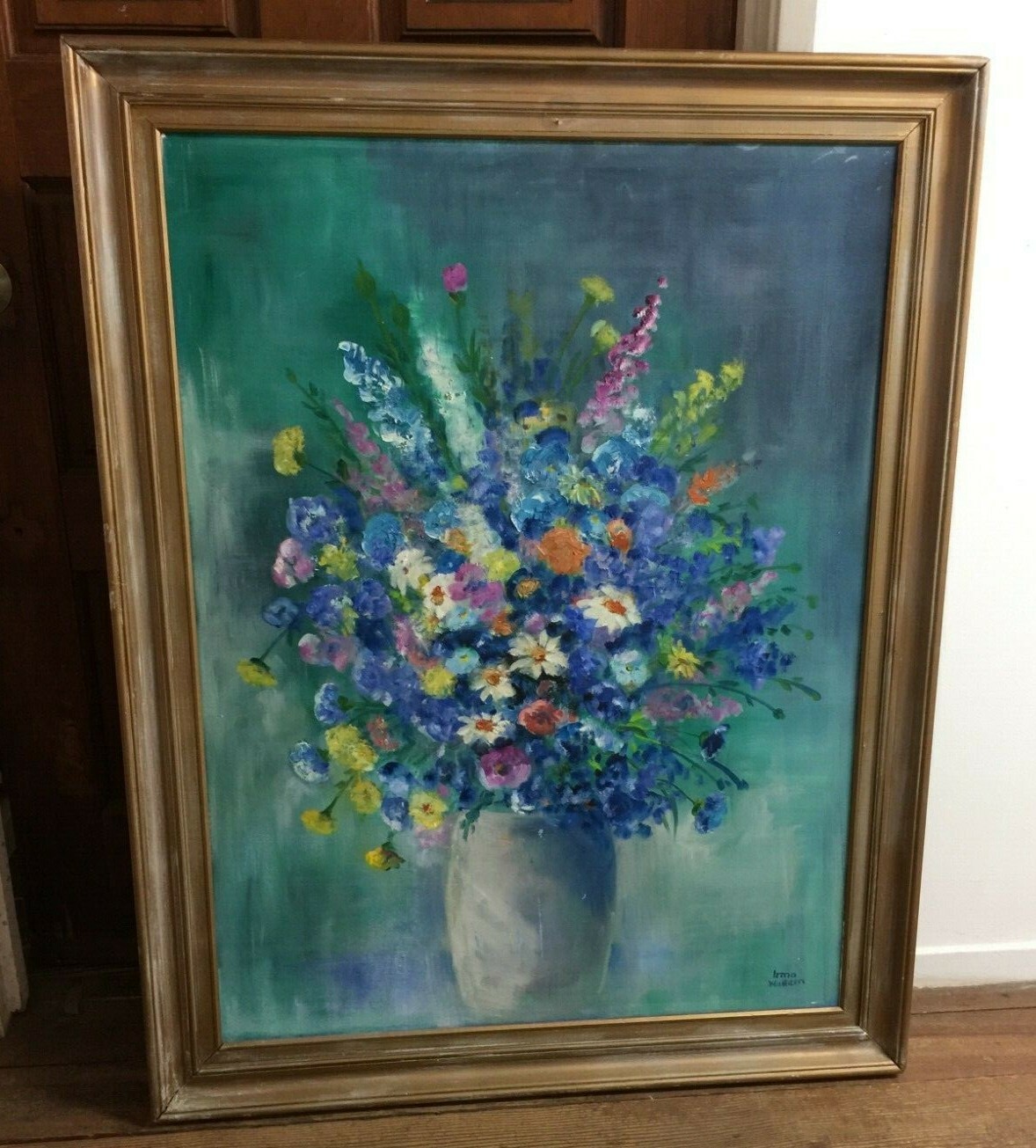 IRMA WALLEM – Floral Display In Vase SIGNED Canvas Oil Painting 46″ X 36″ Sonoma