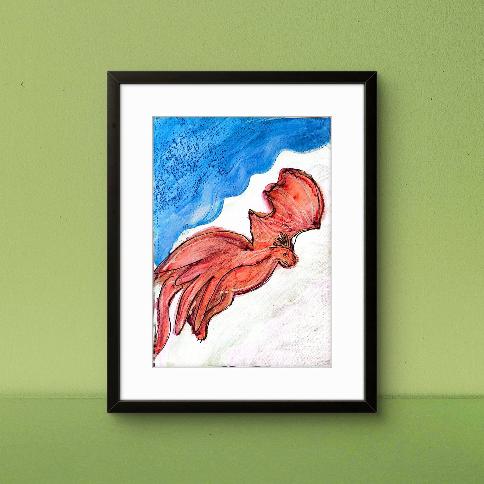 Red Winged Dragon Contemporary Expressionist Original 7×10 Watercolor Painting