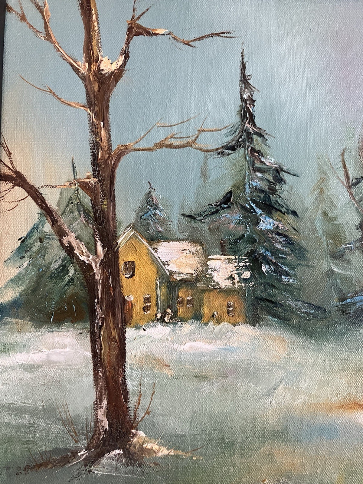 Vintage 24” Winter Forest Snow Aurora Borealis Oil Painting Signed Batchelor