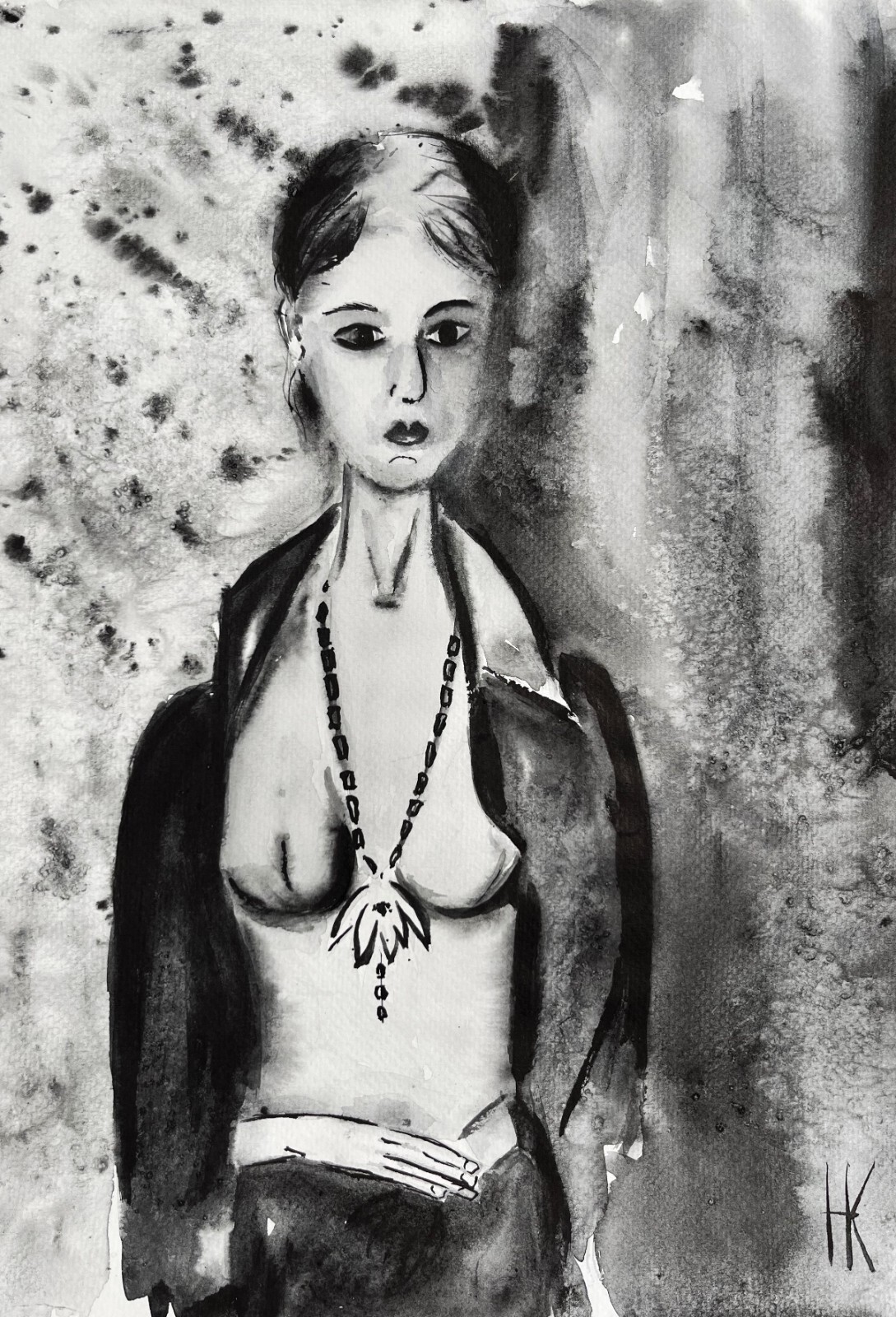 Woman Painting Water Lily Original Art Black White Watercolor Art 10 x 14 in