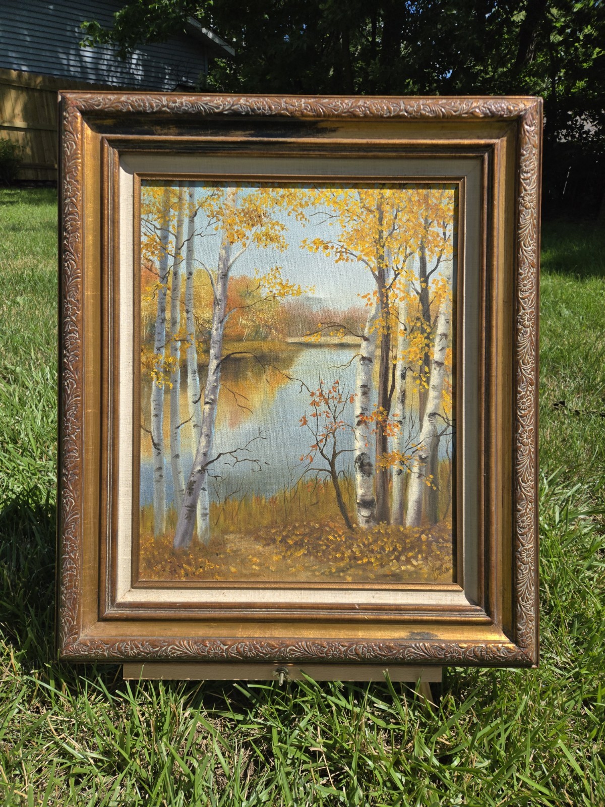 Vintage Original Oil Painting Birch Trees Autumn Forest Signed Ornate Wood Frame