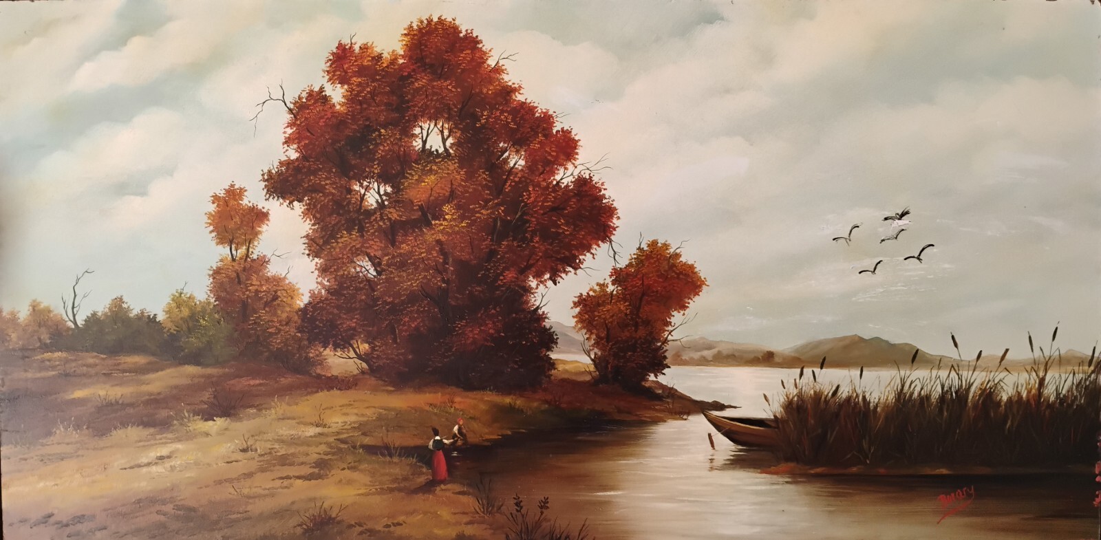 «Autumn Days at the Lake» by Imre Buvary 15×30 Lakescape Original Oil/Masonite
