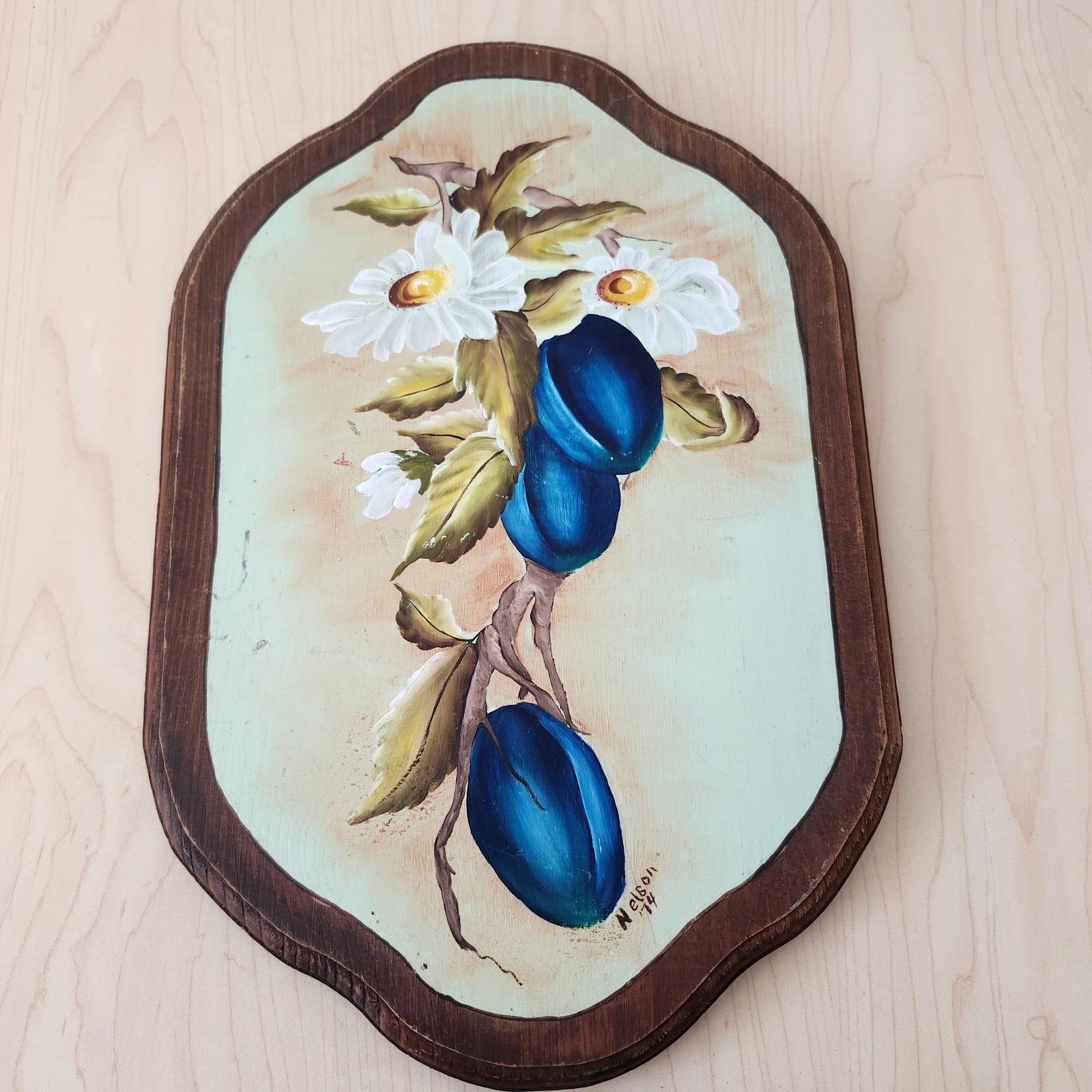 Vintage Hand Painted Plums and Daisies Wall Decor Signed Nelson 1974