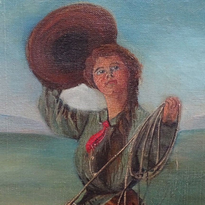 Antique Original Oil Painting on Canvas COWGIRL Roping A Bull Framed 17×16 in