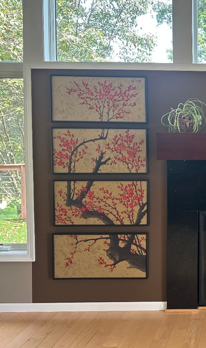 Cherry Blossom Tree Quadriptych, Handpainted original acrylic. Framed