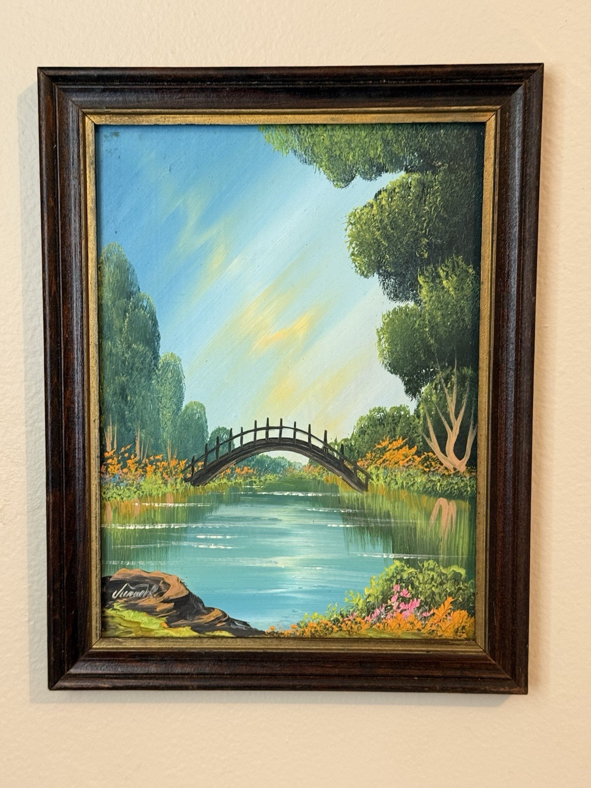 Vintage Small Fairy Garden Bridge Painting Signed ￼