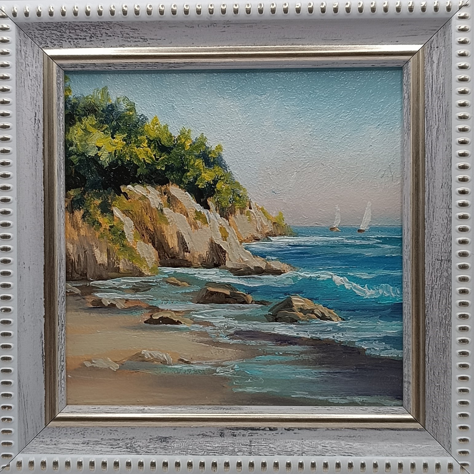 Original Miniature Seascape Oil Painting Rocky Coast Sailboats 4×4 Small Art