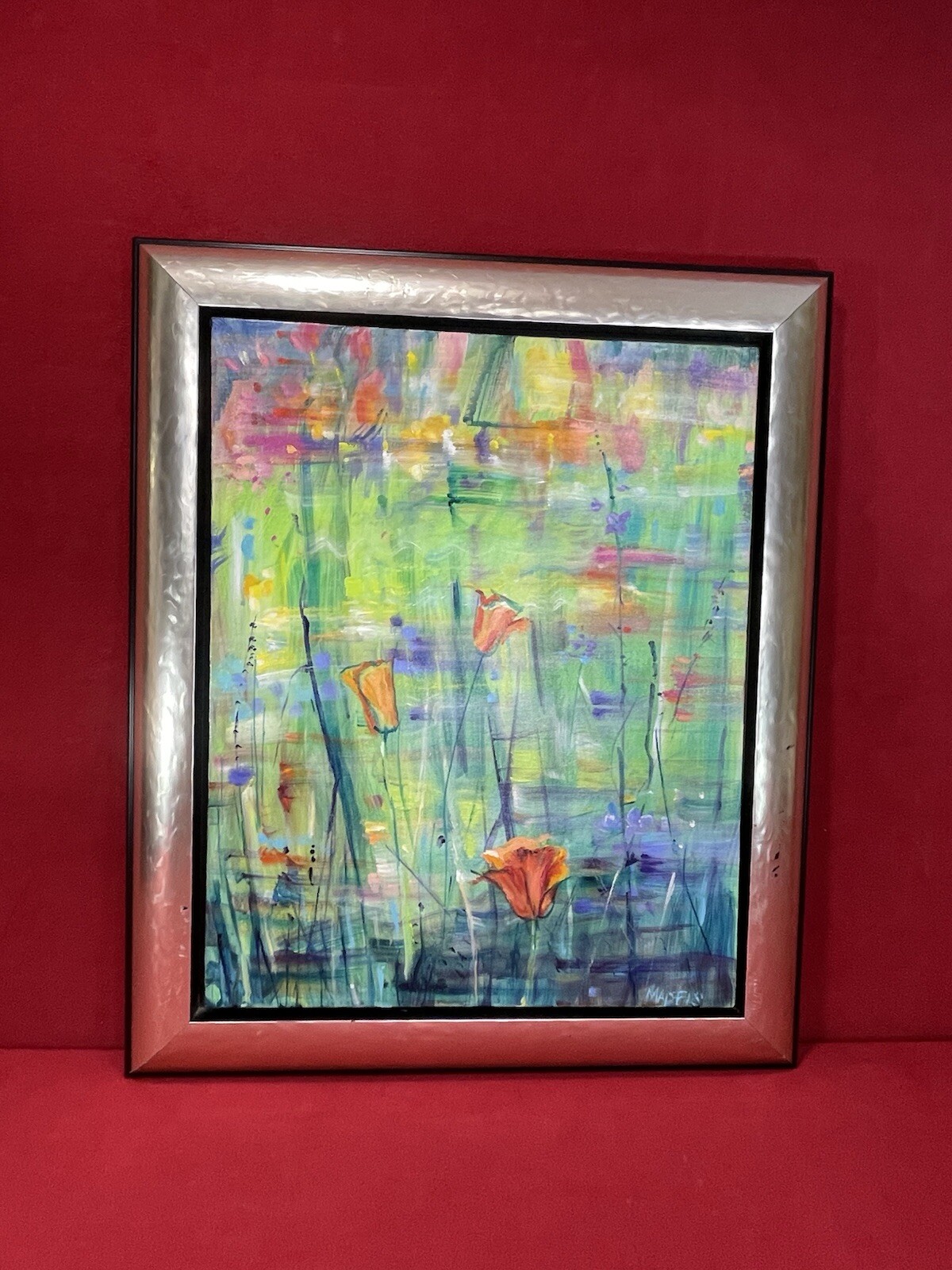 Floral Abstract Painting By Madfis 16”x20” With Silver Frame 21”x25”