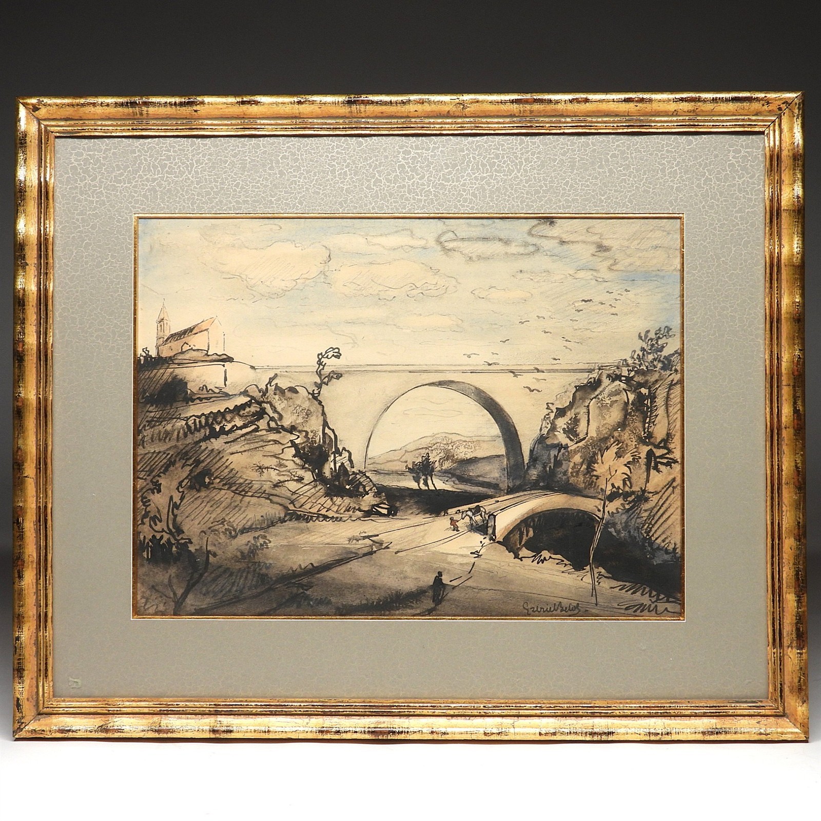 Gabriel Belot French Artist View of Bridge Over Seine River WC Painting