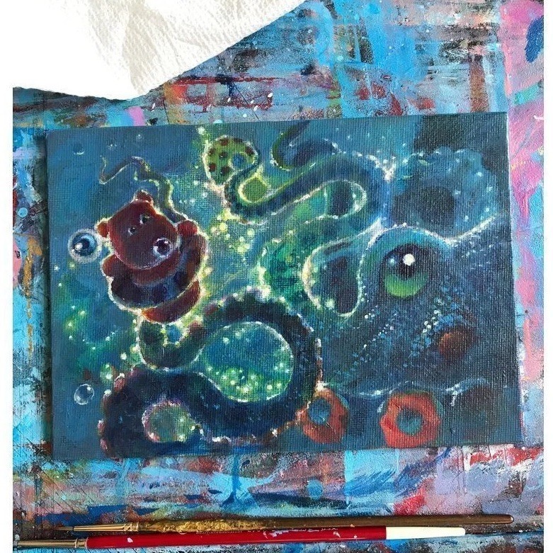 Original Painting Octopus Gummy Bear Surrealism colorful fantasy Artettina USA