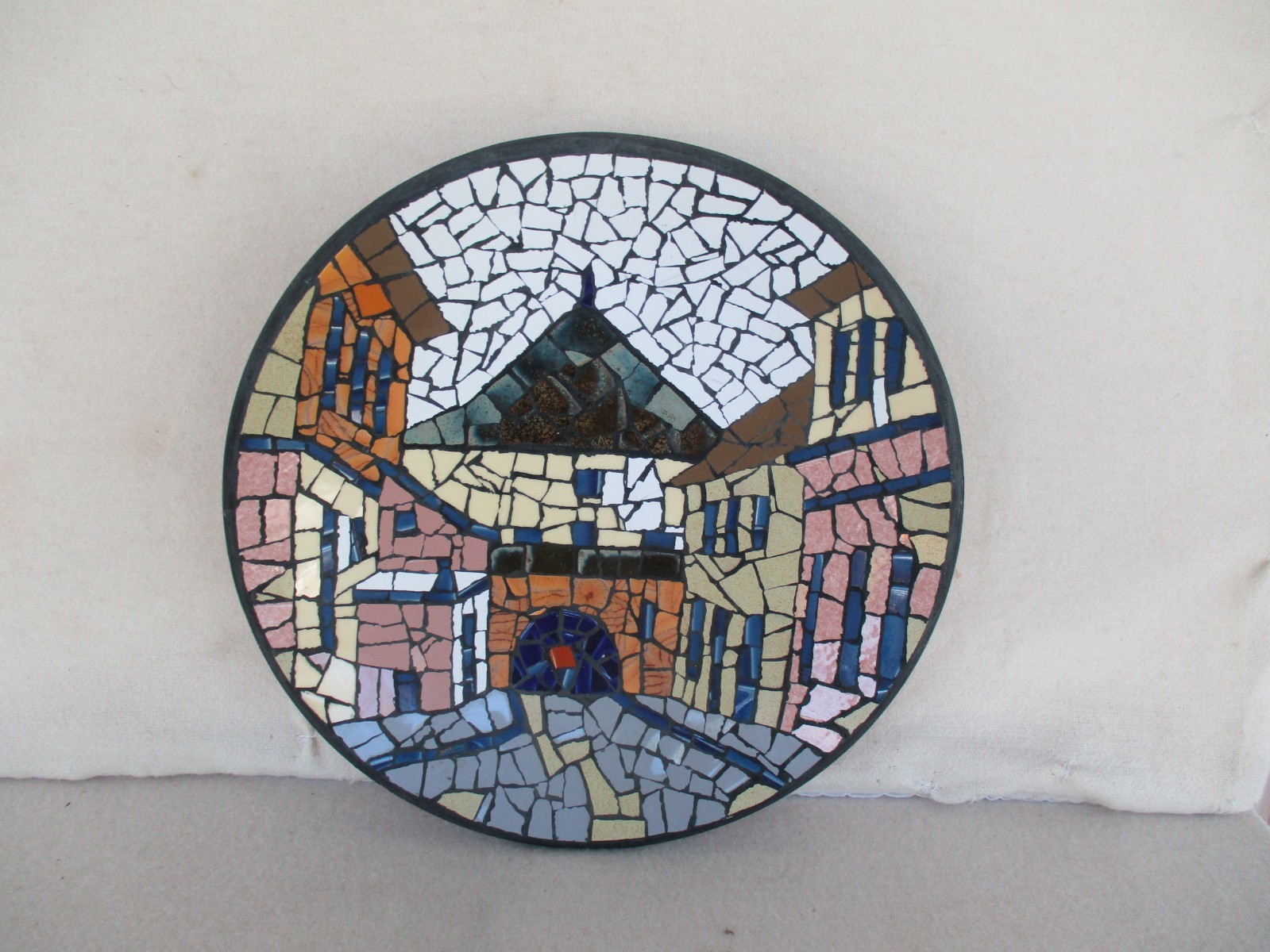 Mosaic Art bowl, signed by artist and dated, 1981, of old village