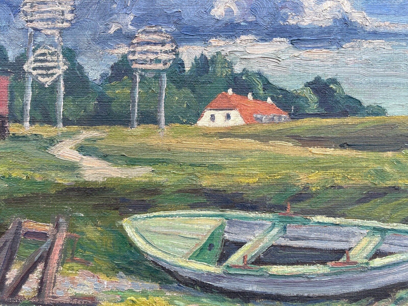 Impressionist Danish Coastal Landscape Boats At Shore Fishing Village Summer Day