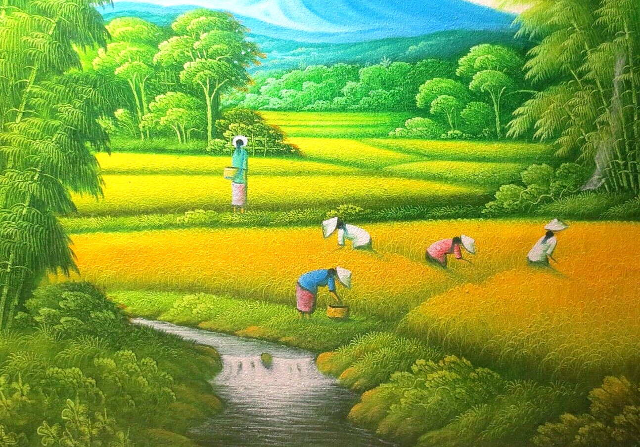 LOWEST PRICE! LARGE SIZE «BALI FOLK ART» PAINTING on CANVAS, WOOD FRAME 33″x25″