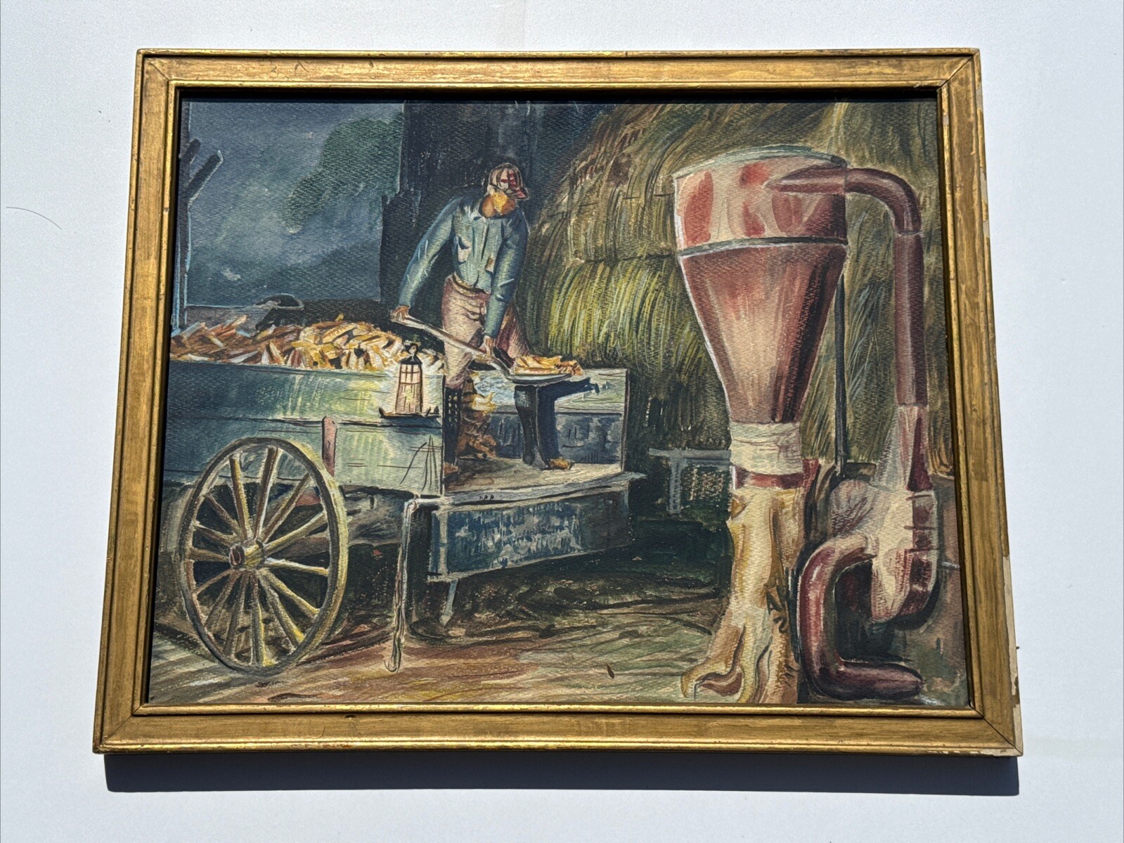 ANTIQUE AMERICAN REGIONALISM PAINTING LANDSCAPE FARM WORKER WPA MACHINERY 1930’S