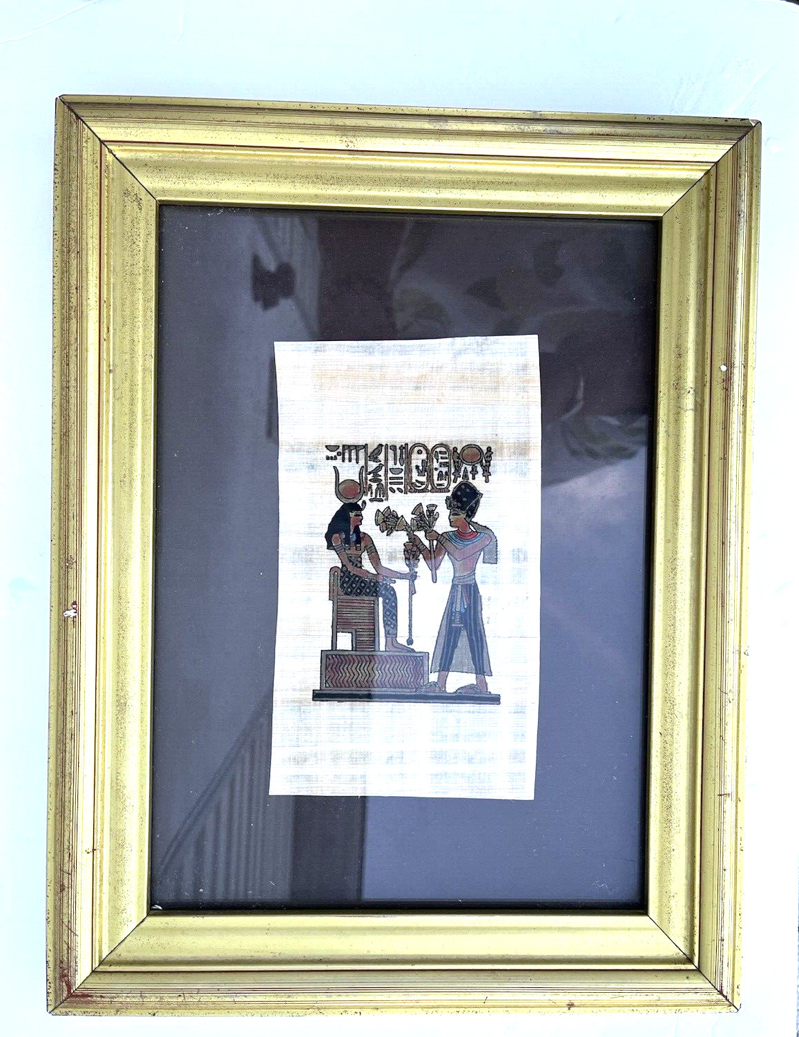 Hand Painted Egyptian Papyrus Framed Queen of Egypt Vintage 13x 11” Signed