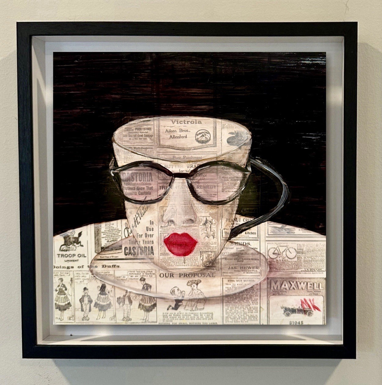 Framed Original Oil Painting Teacup, Glasses & Red Lips, Vintage Newspaper Gift