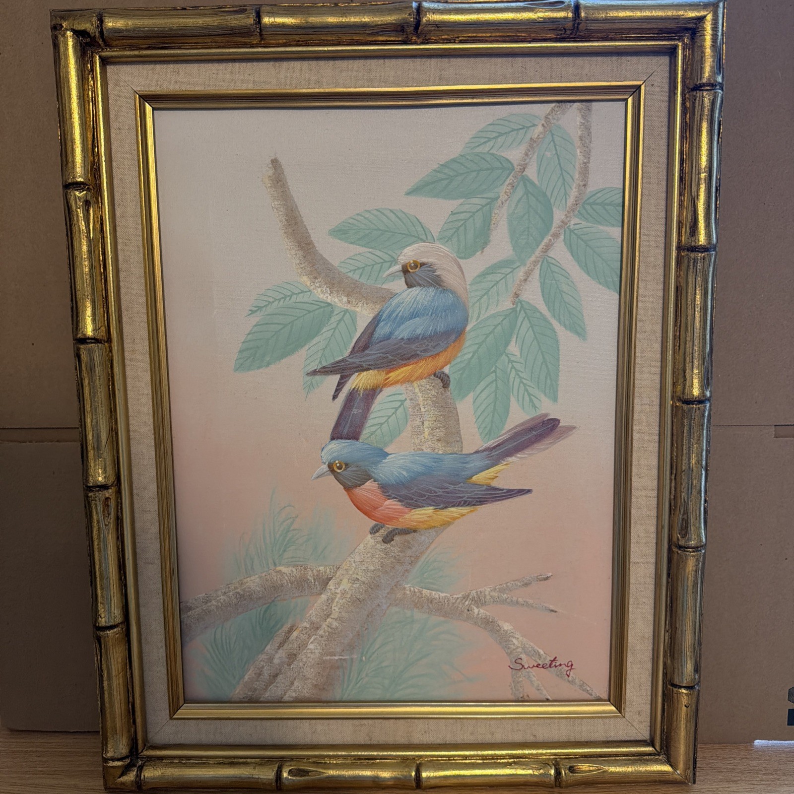Vintage Tropical Birds Canvas Painting On Gold Bamboo Frame 20×16”
