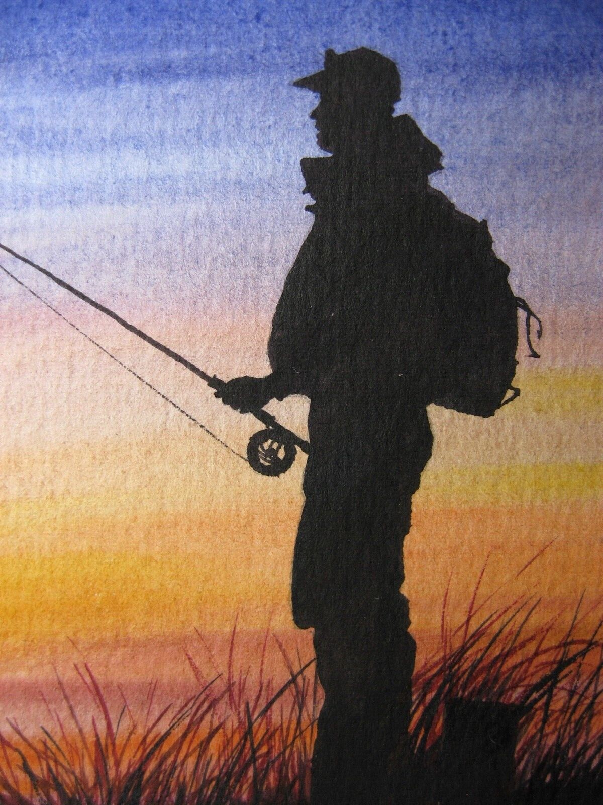 Watercolor Painting Fisherman Fly Fishing Rod Sunset Fish Nature River ACEO Art
