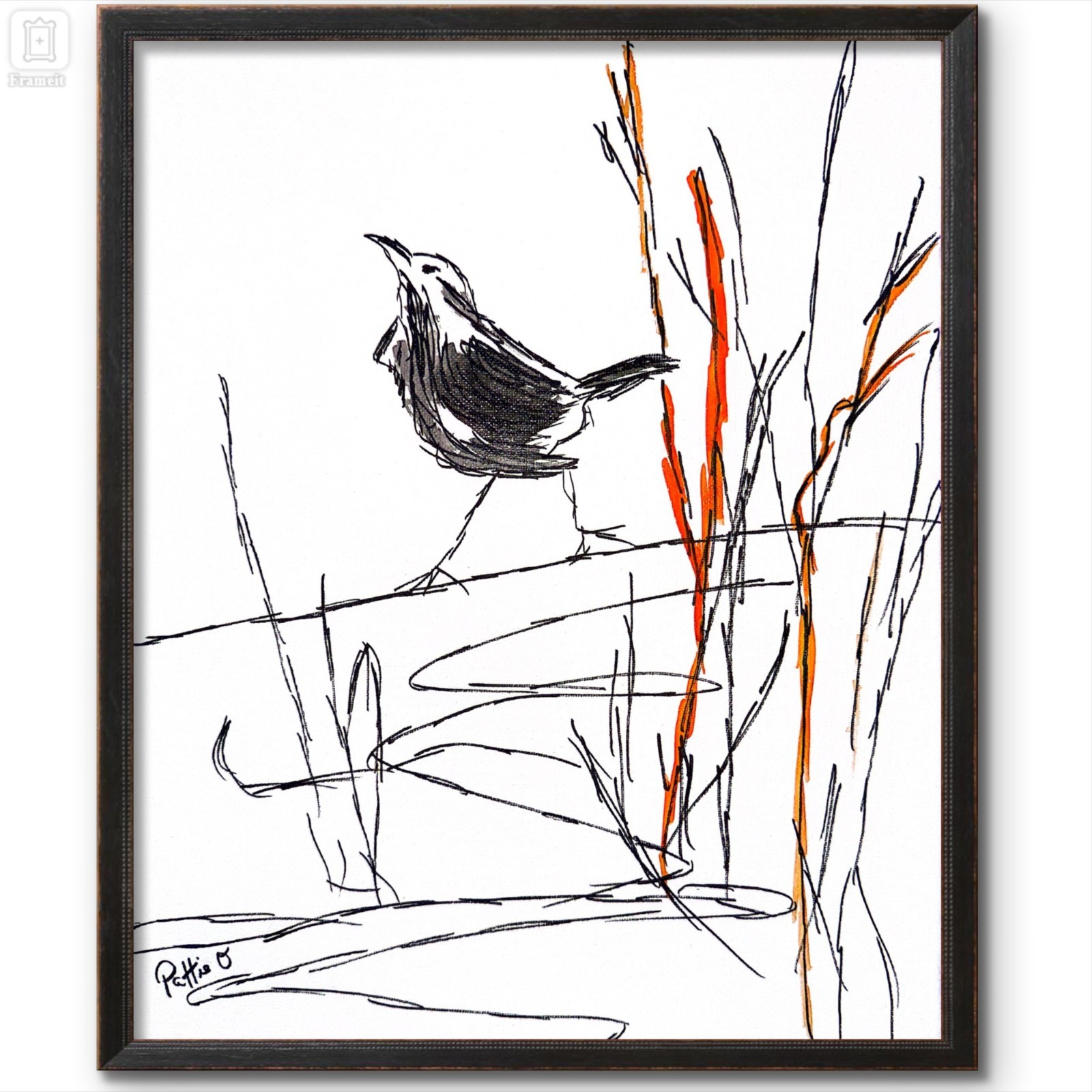 Bird Painting 14×11 Minimalist Ink Expressionism Art Canvas Signed Home Decor