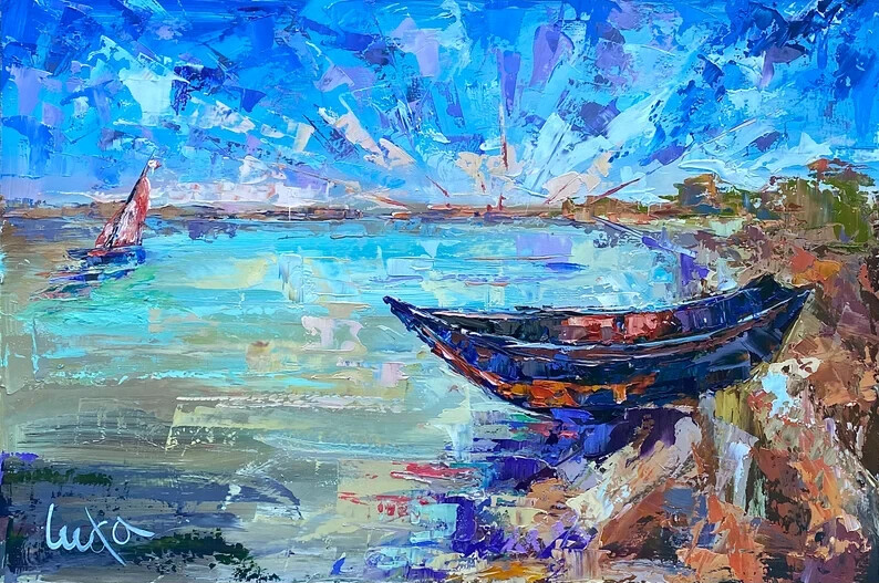 Impasto Boat on Beach Seascape Ocean Lake Sailboat Painting on Hardboard 16x24in