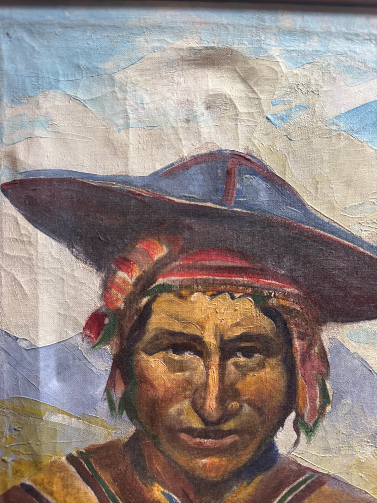 Vintage N A Initialed Andean Man Portrait Oil Painting on Canvas Wood Frame 13.5