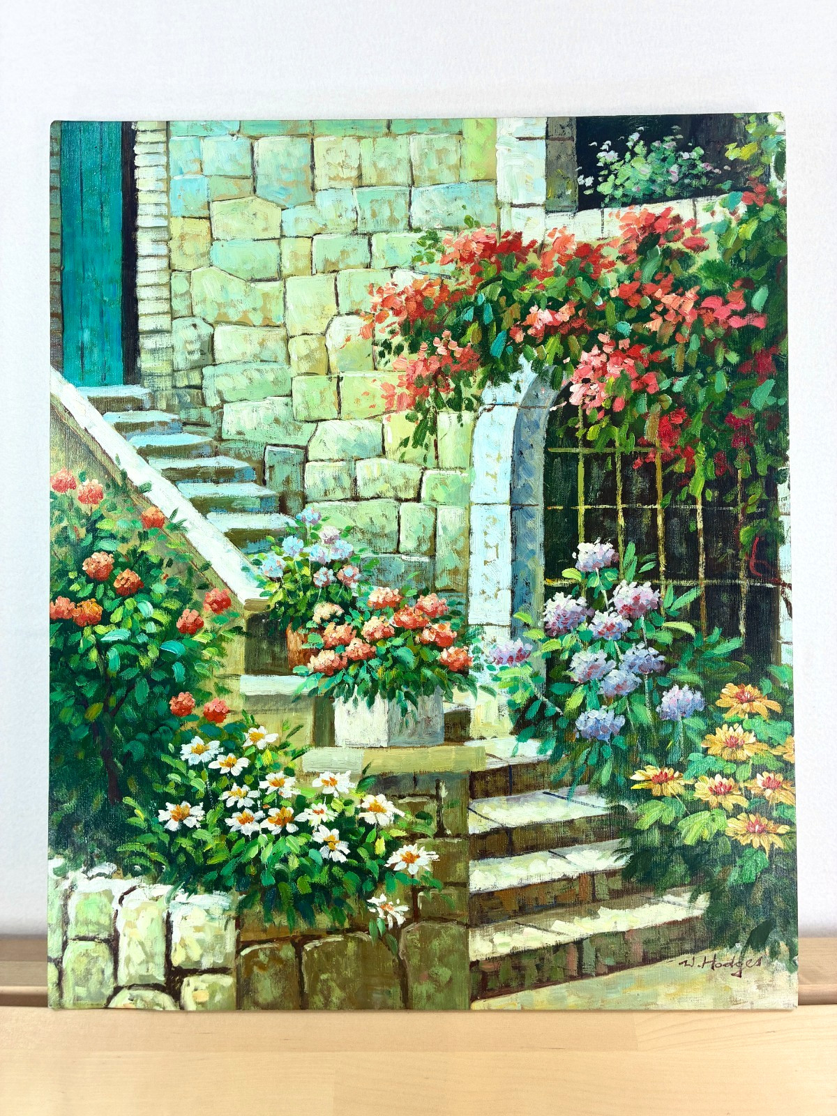 Original Oil Painting Signed W Hodges Mediterranean Flower Garden Canvas 24×20