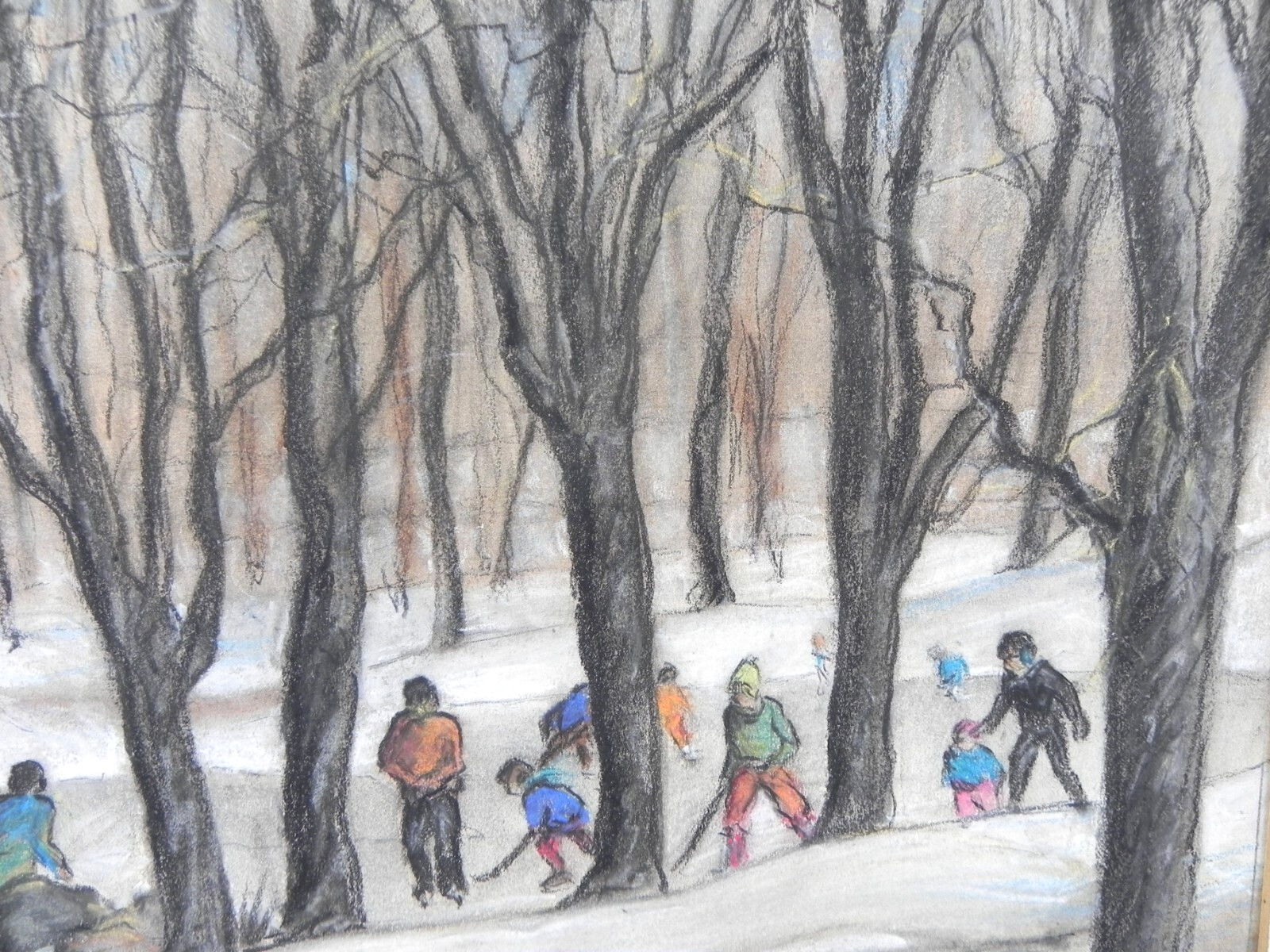 Pastel painting 1965 hockey players on the ice in a park setting signed Garelik