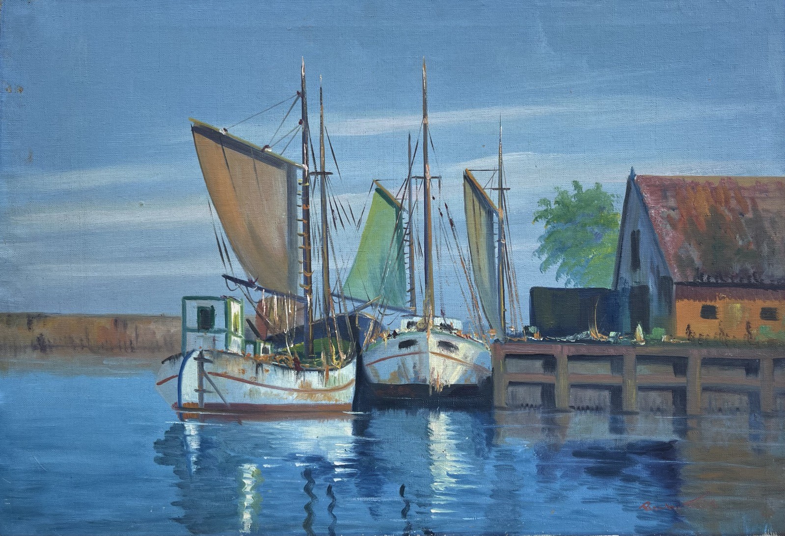 Impressionist Richard Friis 1924 Fishing Boats IN The Harbour Oil Painting