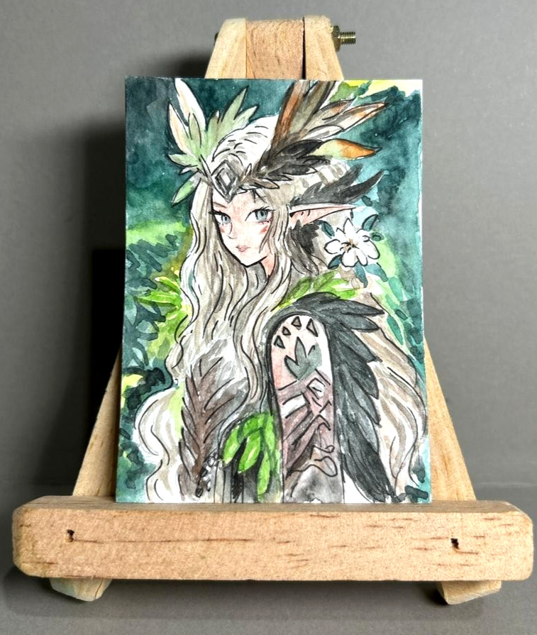 ACEO Original Watercolor Art Druid Girl Shaman Feather Crown Fantasy Anime OOAK
