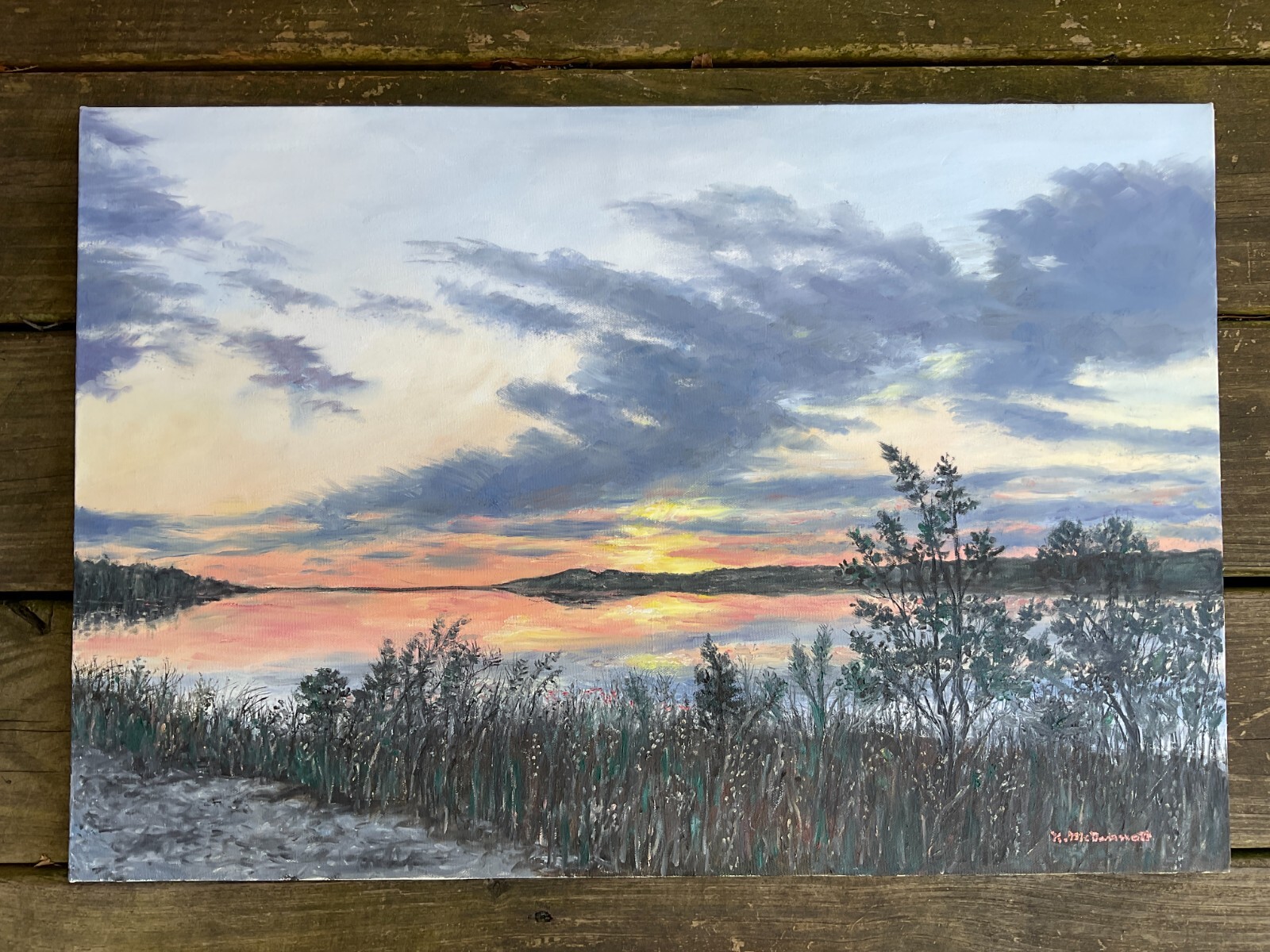 BREEZE ALONG THE RIVER original unframed 16×23 inch oil painting by K. McDermott
