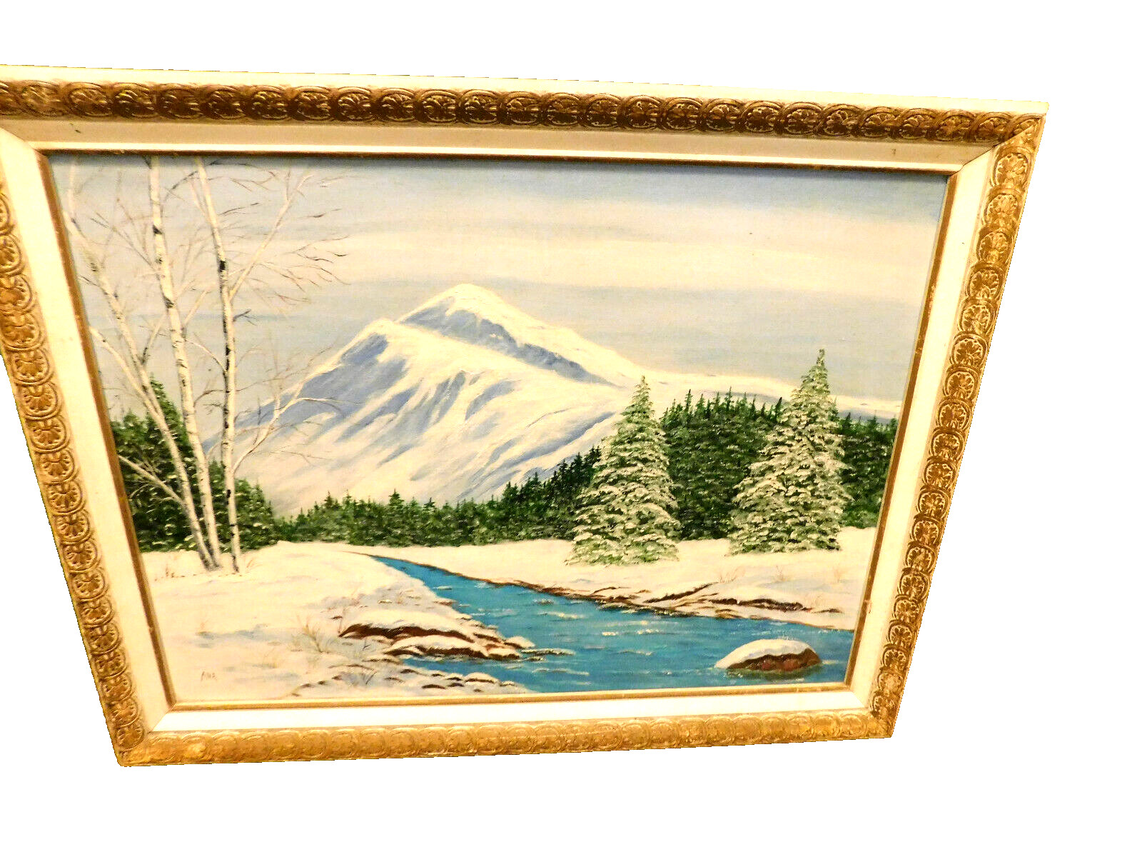 Vtg Oil Painting Winter Scene Birch Trees Mountain River Framed Signed ANA Art