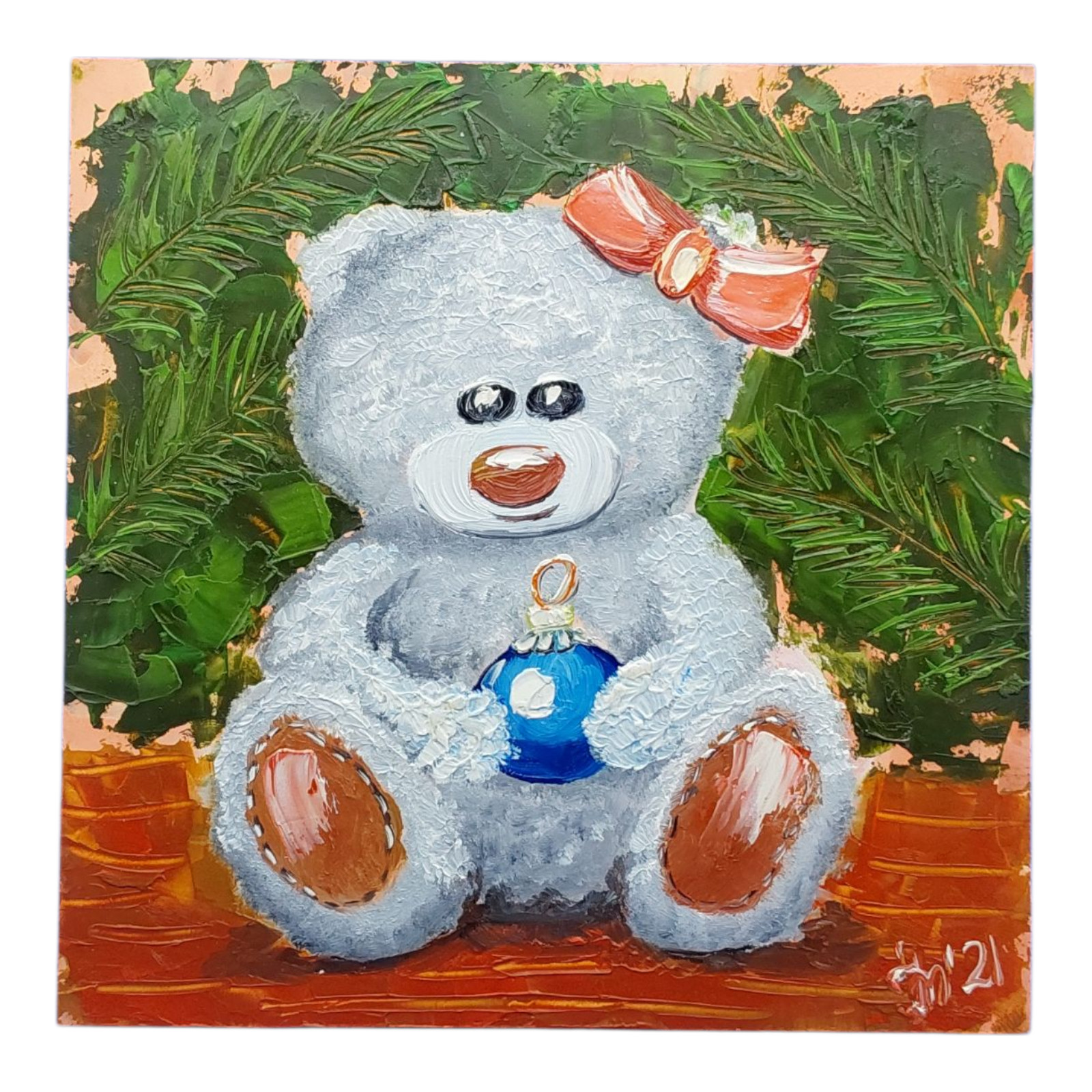 Original Painting Funny Teddy Bear Art Decor for Nursery Handmade Wall Art OOAK