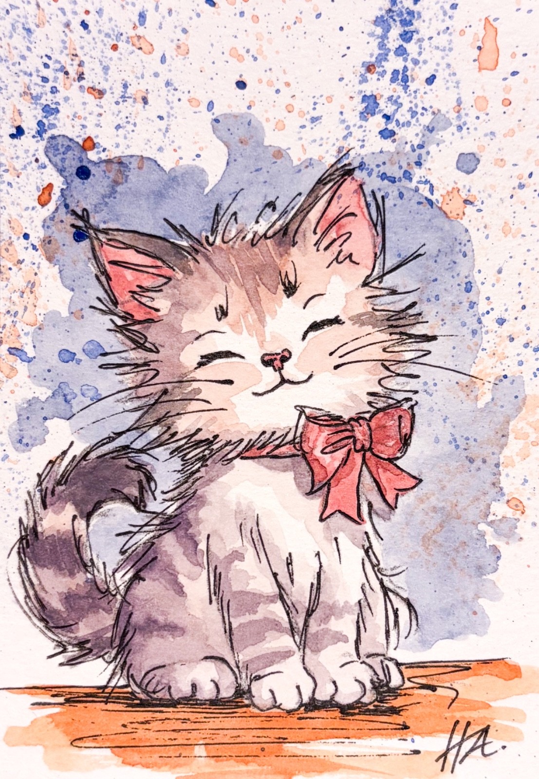 ACEO Original Art card Cute Cat bow miniature 2.5×3.5 painting by Hanof A.