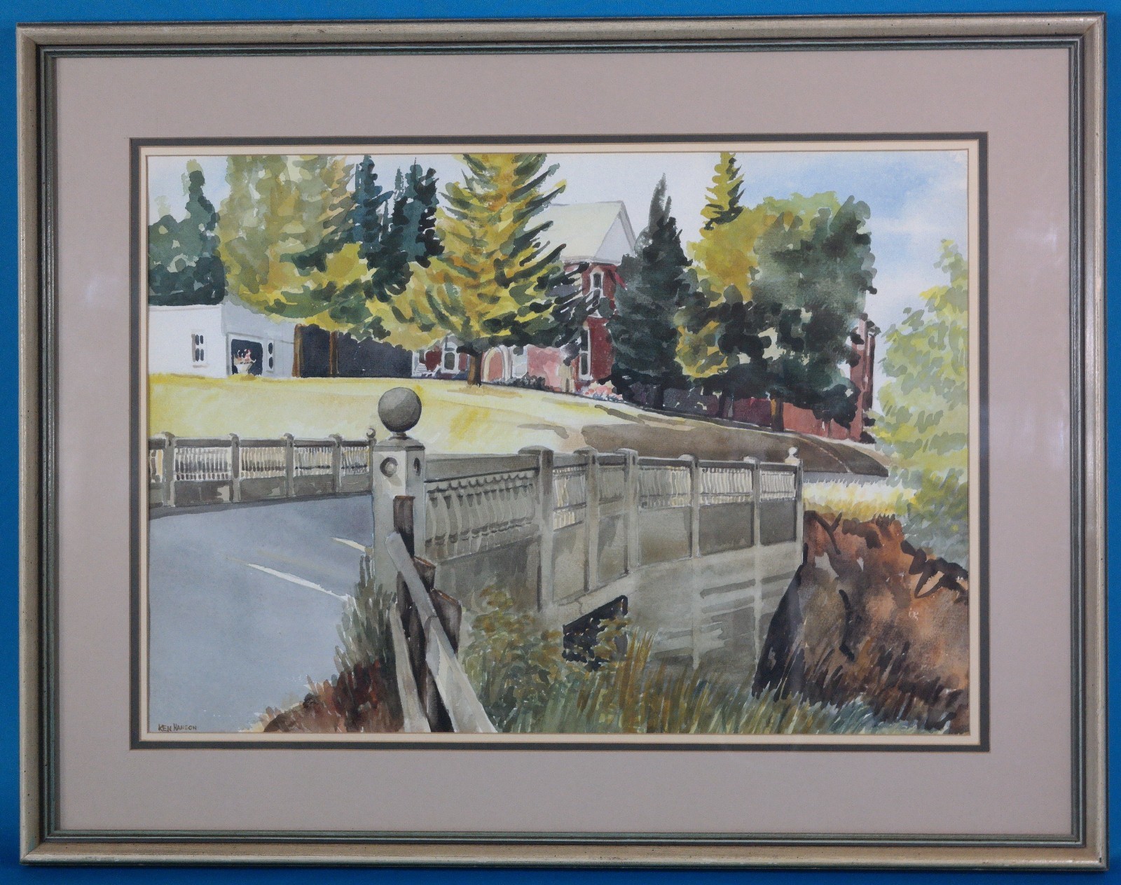 Ken Hanson Signed Bridge Landscape Original Watercolor. Canadian listed artist