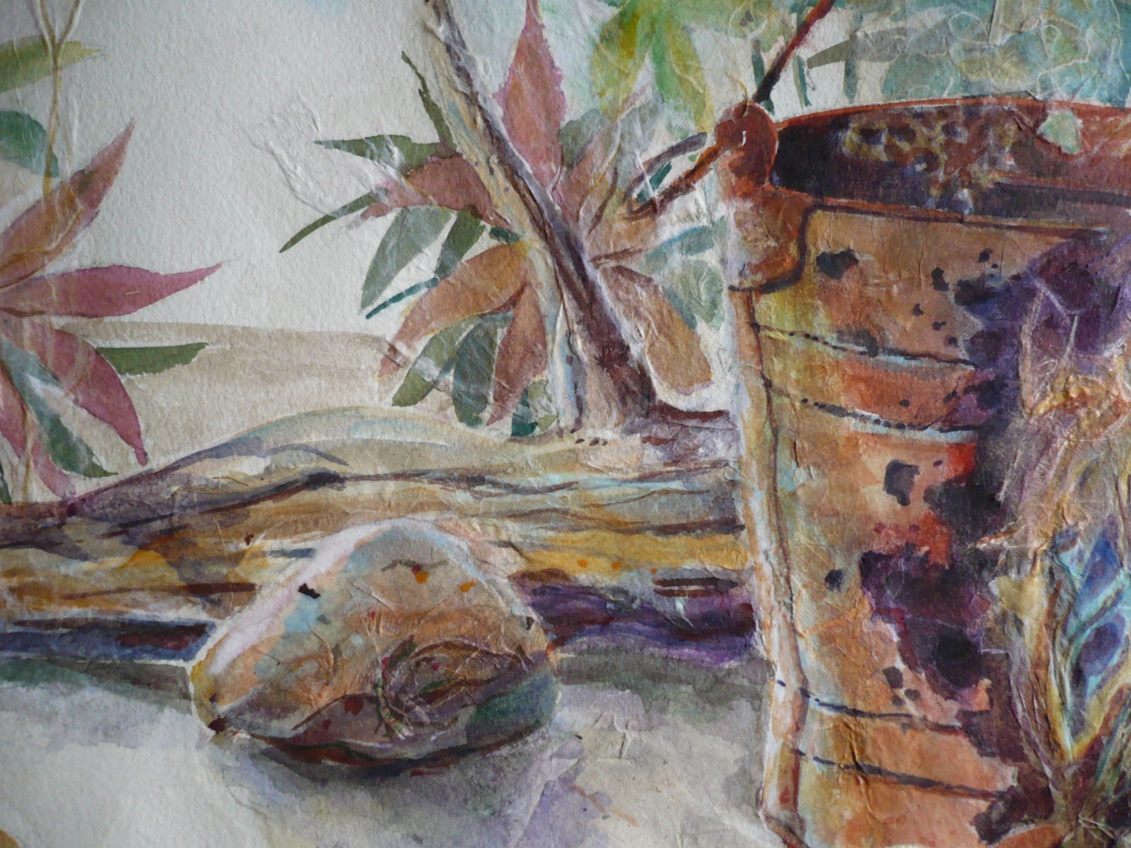 SIGNED TROUT, VINTAGE IMPRESSIONIST WATERCOLOR SHELL AND BUCKET TROPICAL BEACH