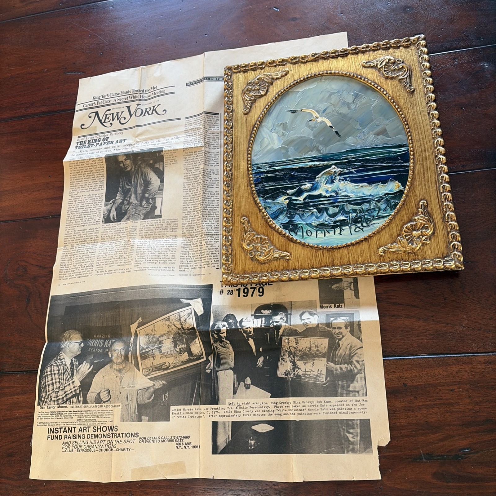 Original Morris Katz Oil On Masonite Painting 1979 Seacoast Framed W Newspaper
